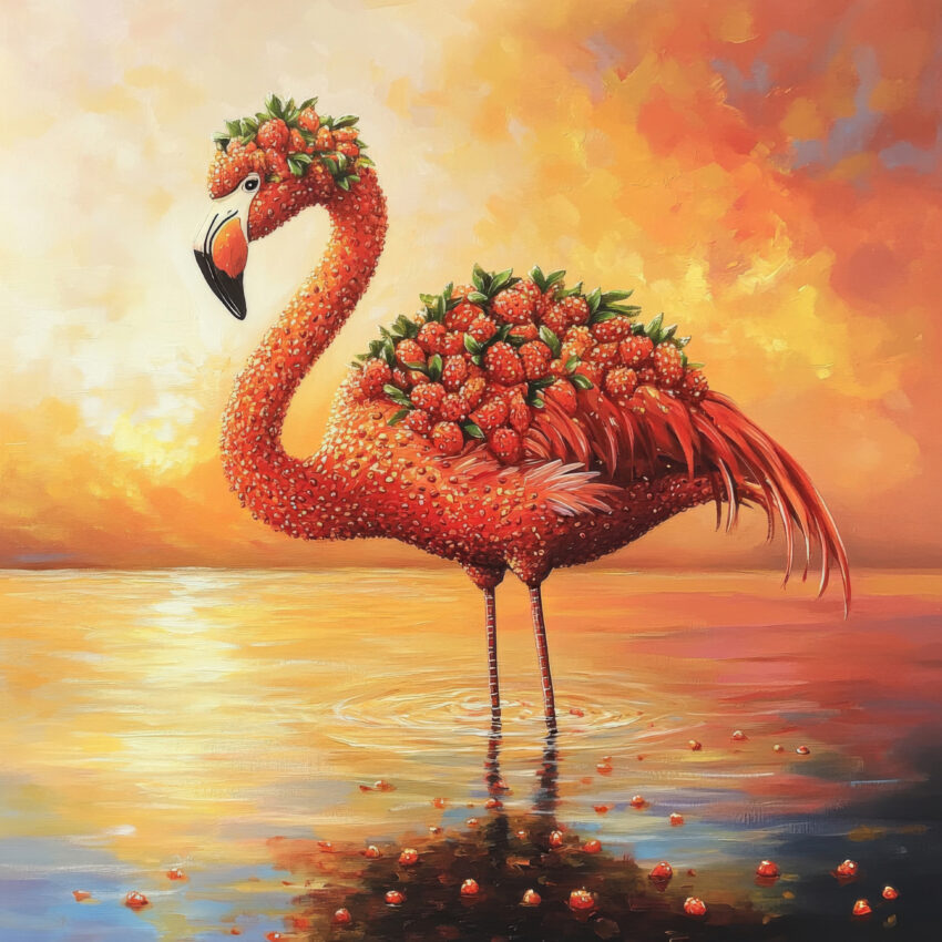 Digitale Kunst Poster Flamingo Erdbeeren rot orange