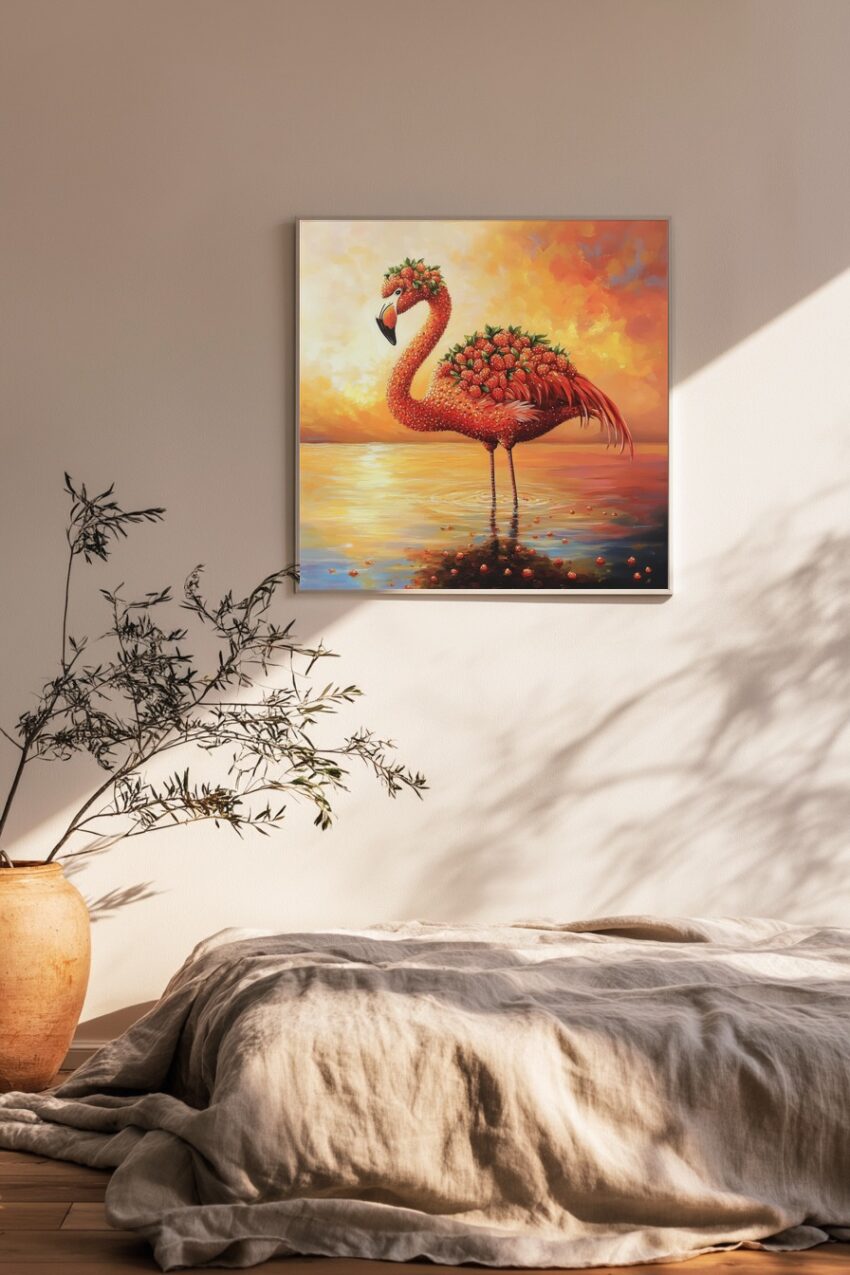 Digitale Kunst Poster Flamingo Erdbeeren rot orange
