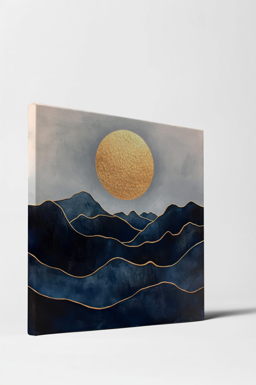 Abstrakt Poster Sonne Rissstruktur gold Blau Berge