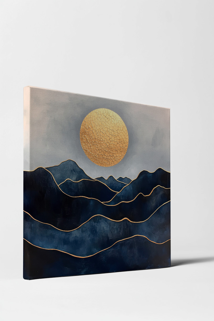 Abstrakt Poster Sonne Rissstruktur gold Blau Berge