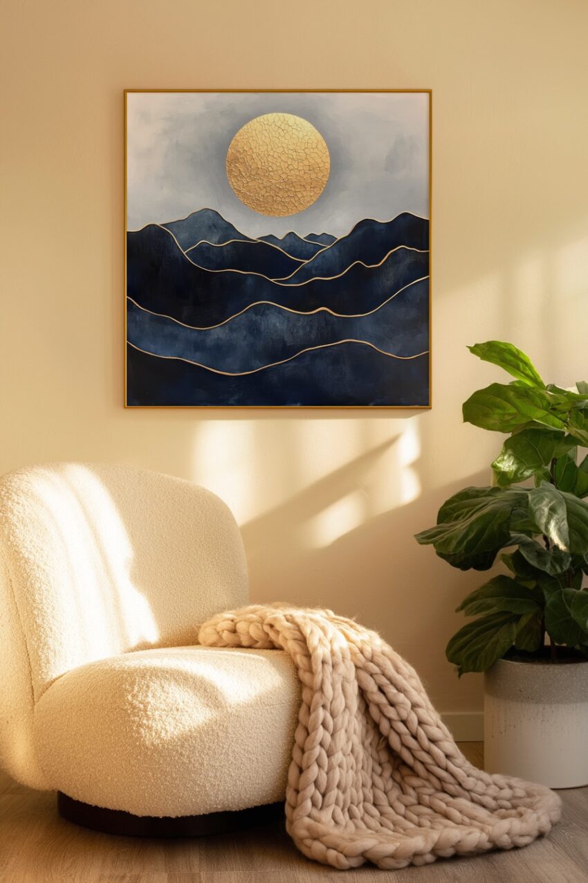 Abstrakt Poster Sonne Rissstruktur gold Blau Berge