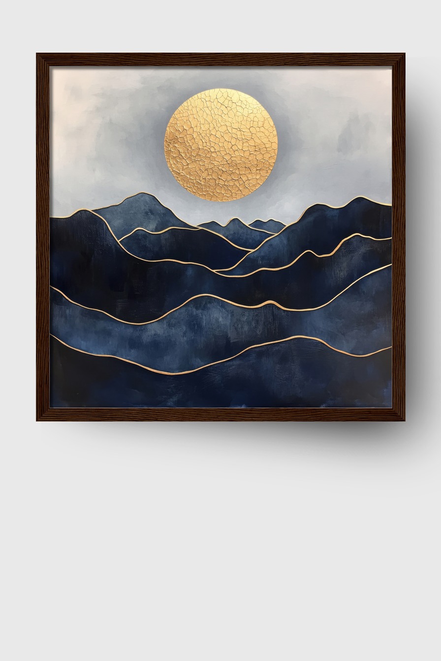Abstrakt Poster Sonne Rissstruktur gold Blau Berge