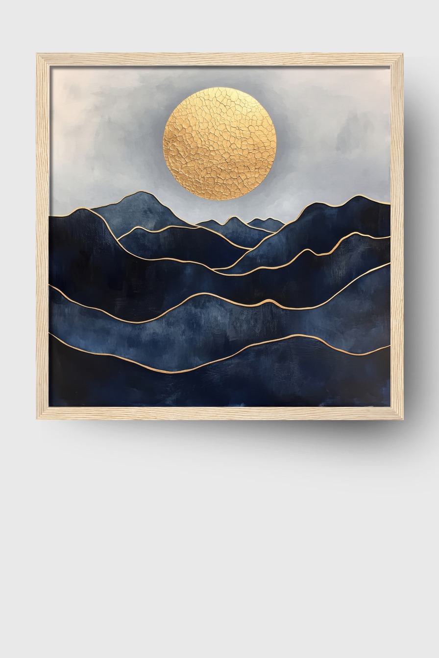Abstrakt Poster Sonne Rissstruktur gold Blau Berge