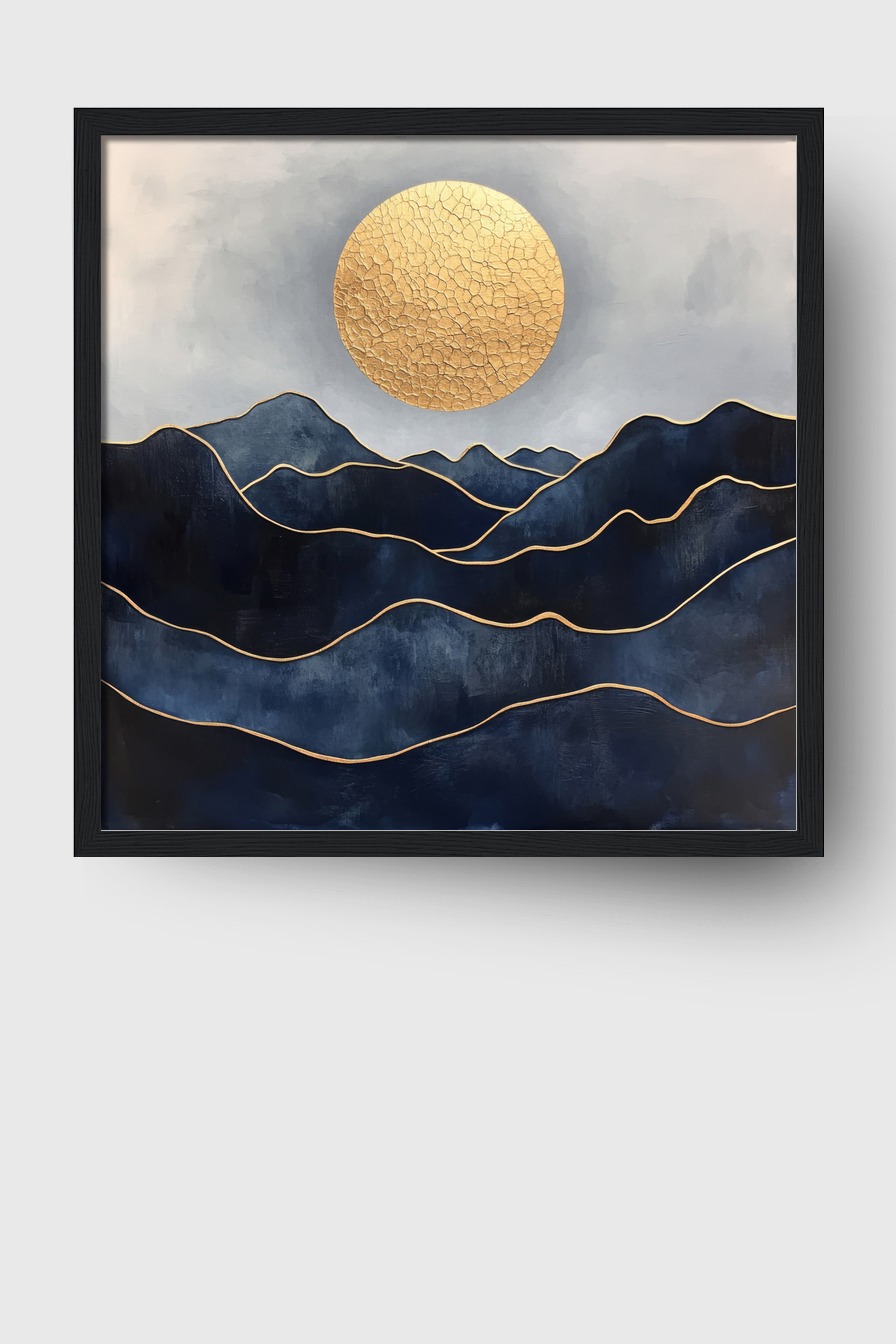 Abstrakt Poster Sonne Rissstruktur gold Blau Berge