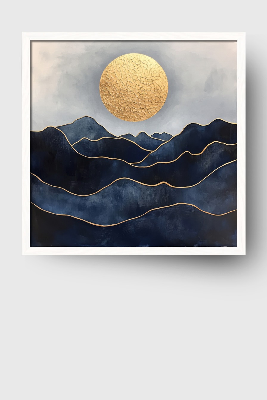 Abstrakt Poster Sonne Rissstruktur gold Blau Berge