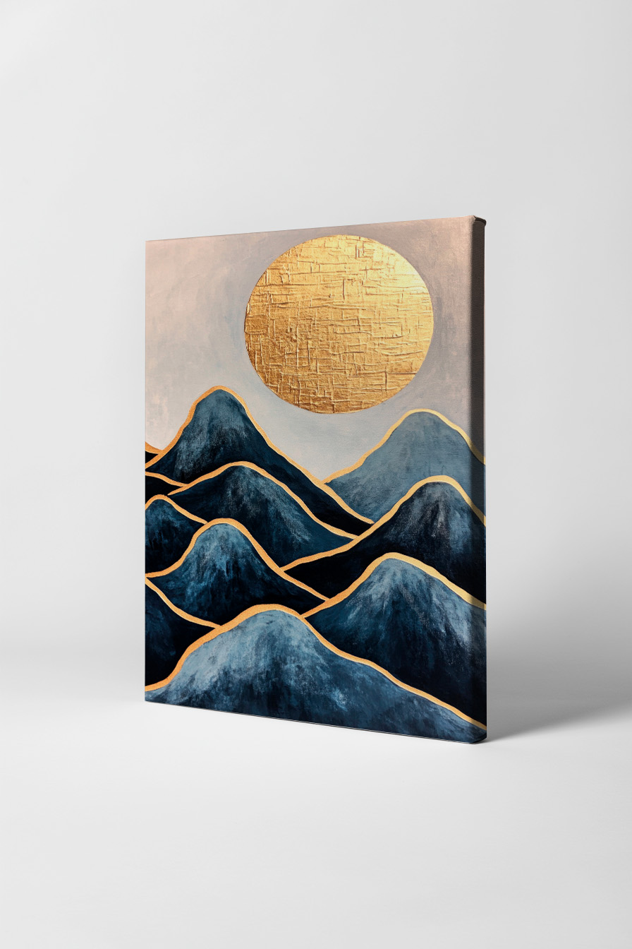 Abstrakt Poster Berge goldene Sonne dunkelblau metallic