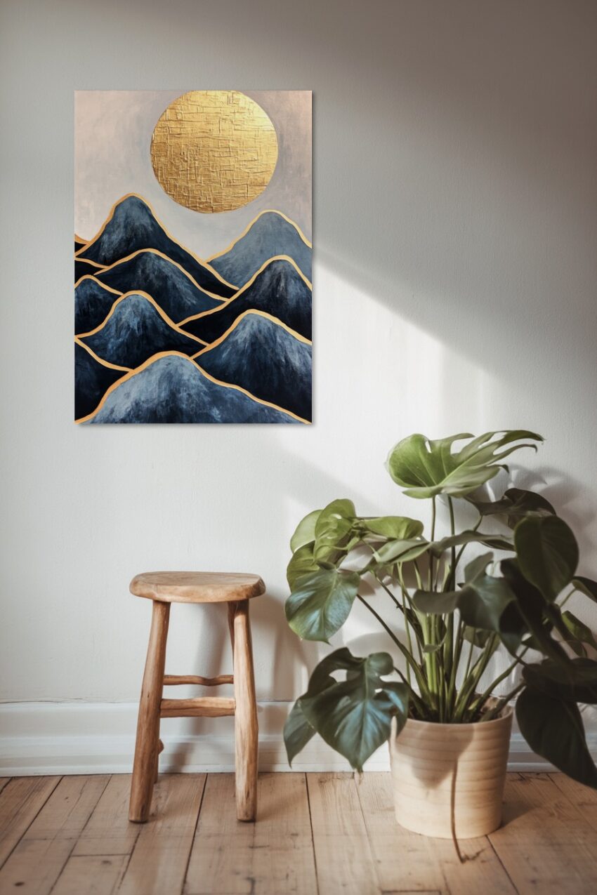 Abstrakt Poster Berge goldene Sonne dunkelblau metallic