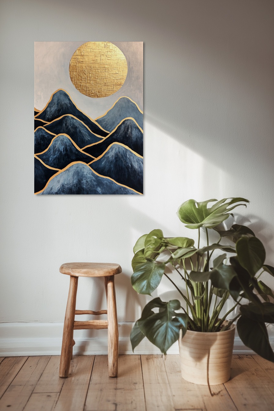 Abstrakt Poster Berge goldene Sonne dunkelblau metallic