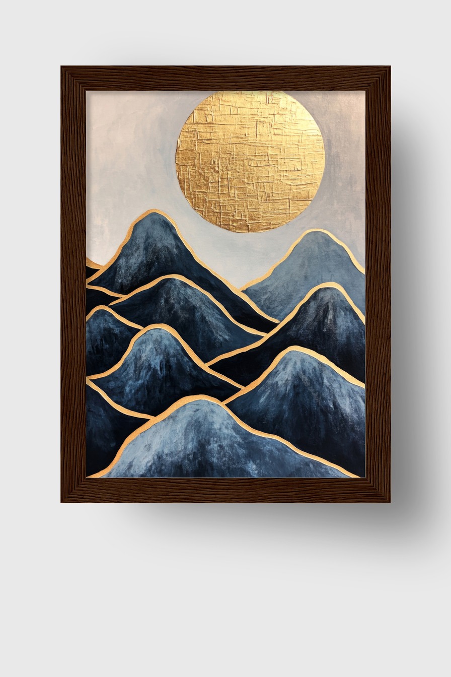 Abstrakt Poster Berge goldene Sonne dunkelblau metallic