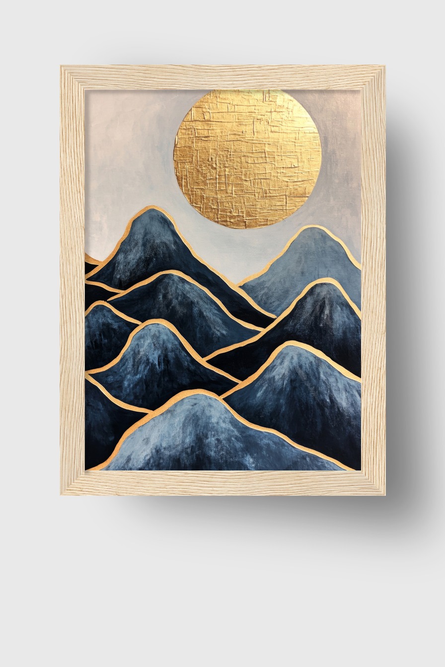 Abstrakt Poster Berge goldene Sonne dunkelblau metallic