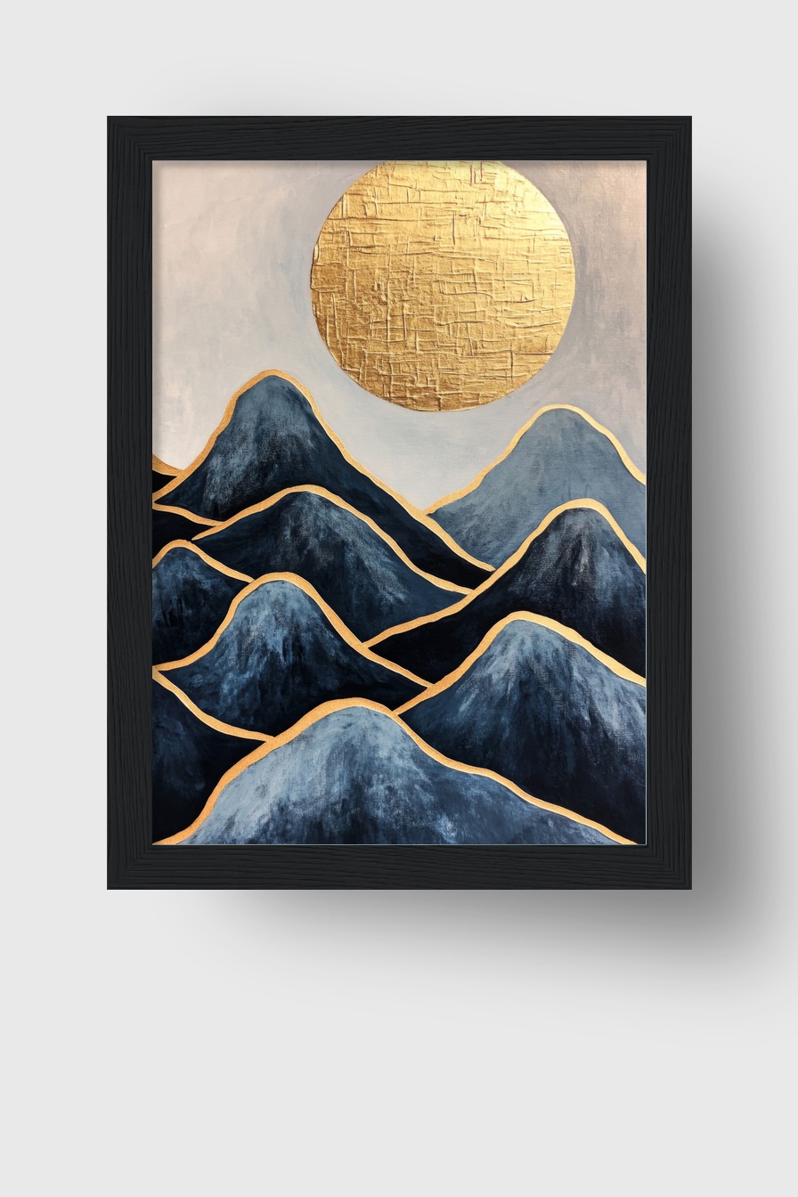 Abstrakt Poster Berge goldene Sonne dunkelblau metallic