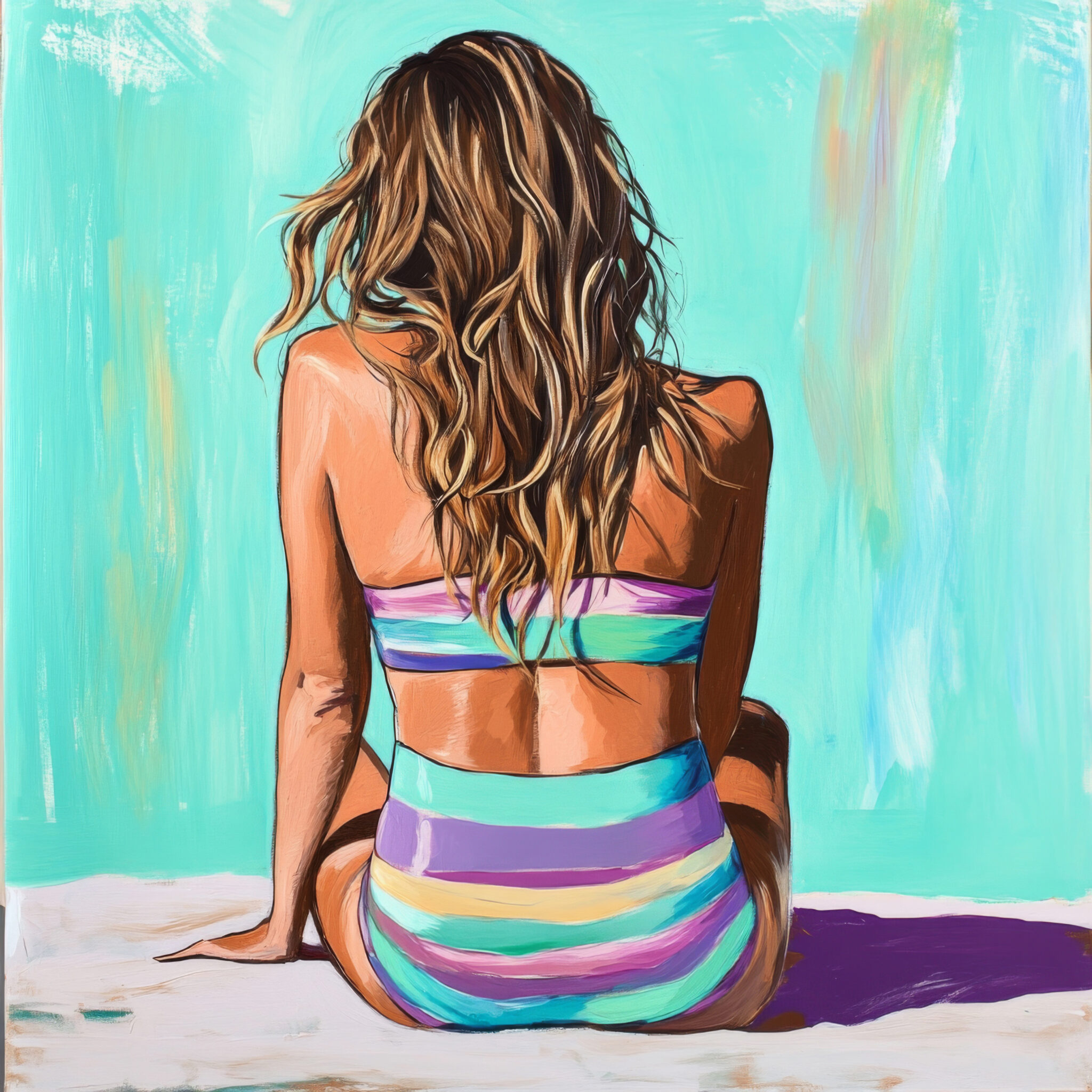 Digitale Kunst Poster Frau Rückansicht bunt gestreift sommerlich