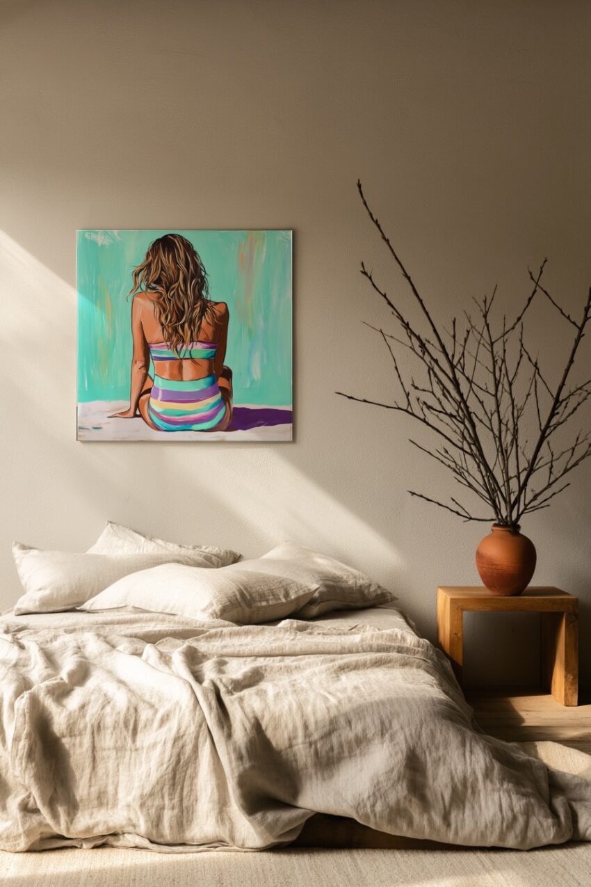 Digitale Kunst Poster Frau Rückansicht bunt gestreift sommerlich