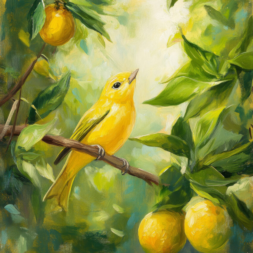 Malerei Poster Vogel gelb Zitrusbaum grün gelb