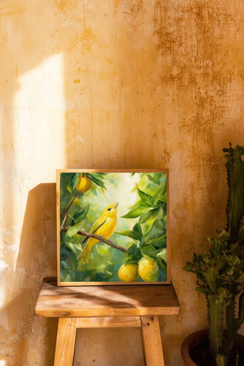 Malerei Poster Vogel gelb Zitrusbaum grün gelb