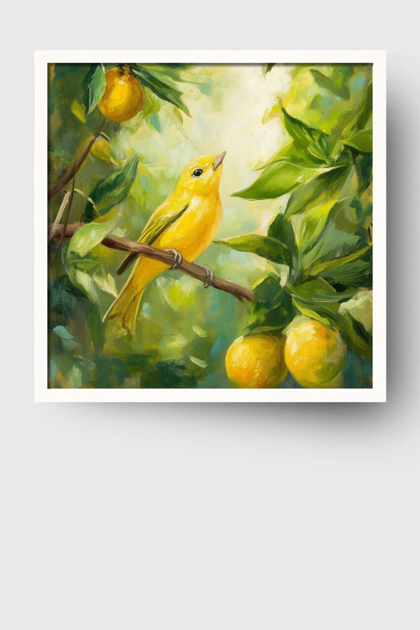 Malerei Poster Vogel gelb Zitrusbaum grün gelb