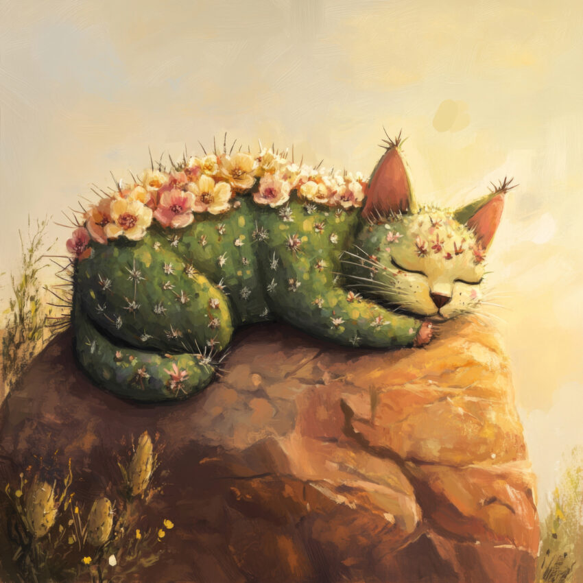 Digitale Kunst Poster Kaktus Katze Blumen grün gelb