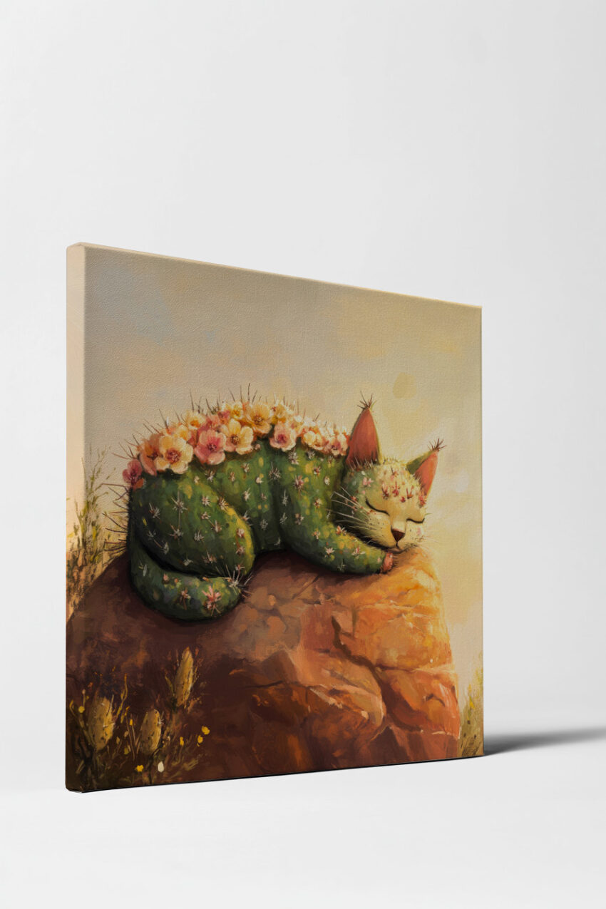 Digitale Kunst Poster Kaktus Katze Blumen grün gelb