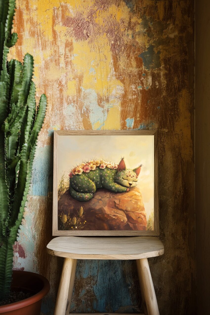 Digitale Kunst Poster Kaktus Katze Blumen grün gelb