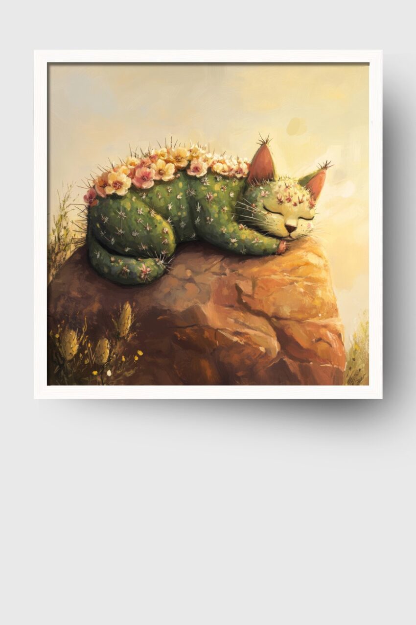 Digitale Kunst Poster Kaktus Katze Blumen grün gelb