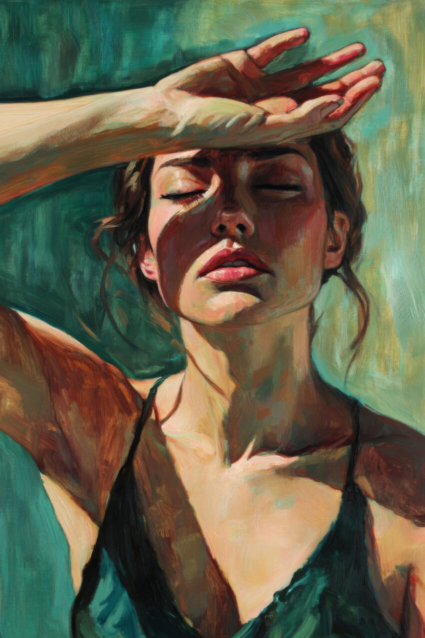 Malerei Poster Frau Hand Stirn Licht Schatten