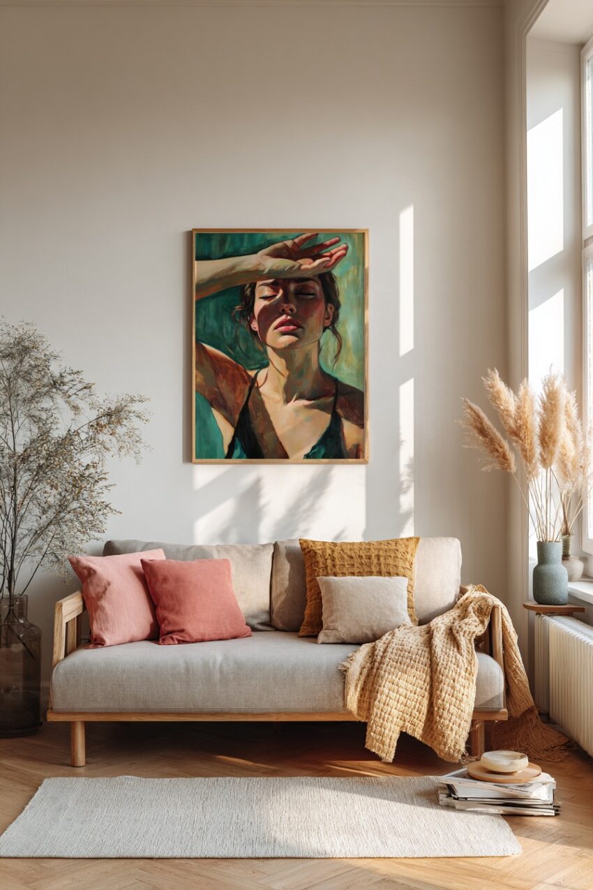 Malerei Poster Frau Hand Stirn Licht Schatten