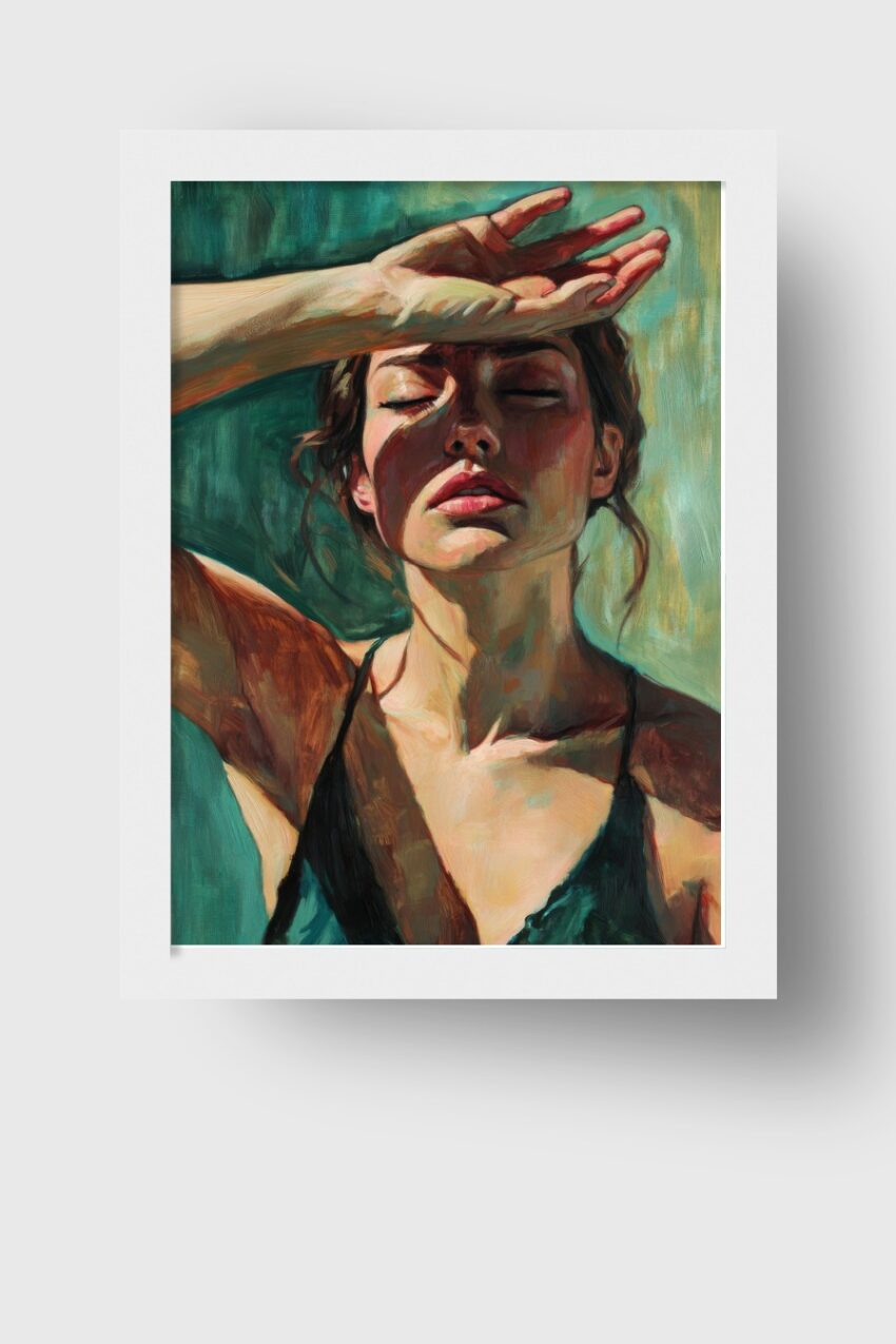 Malerei Poster Frau Hand Stirn Licht Schatten