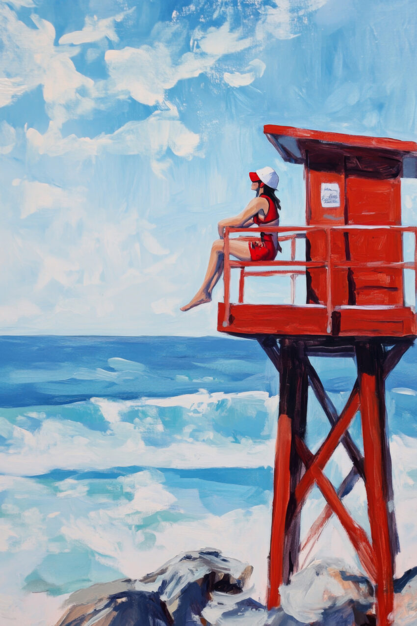 Malerei Poster Frau Rettungsturm rot Meer blau