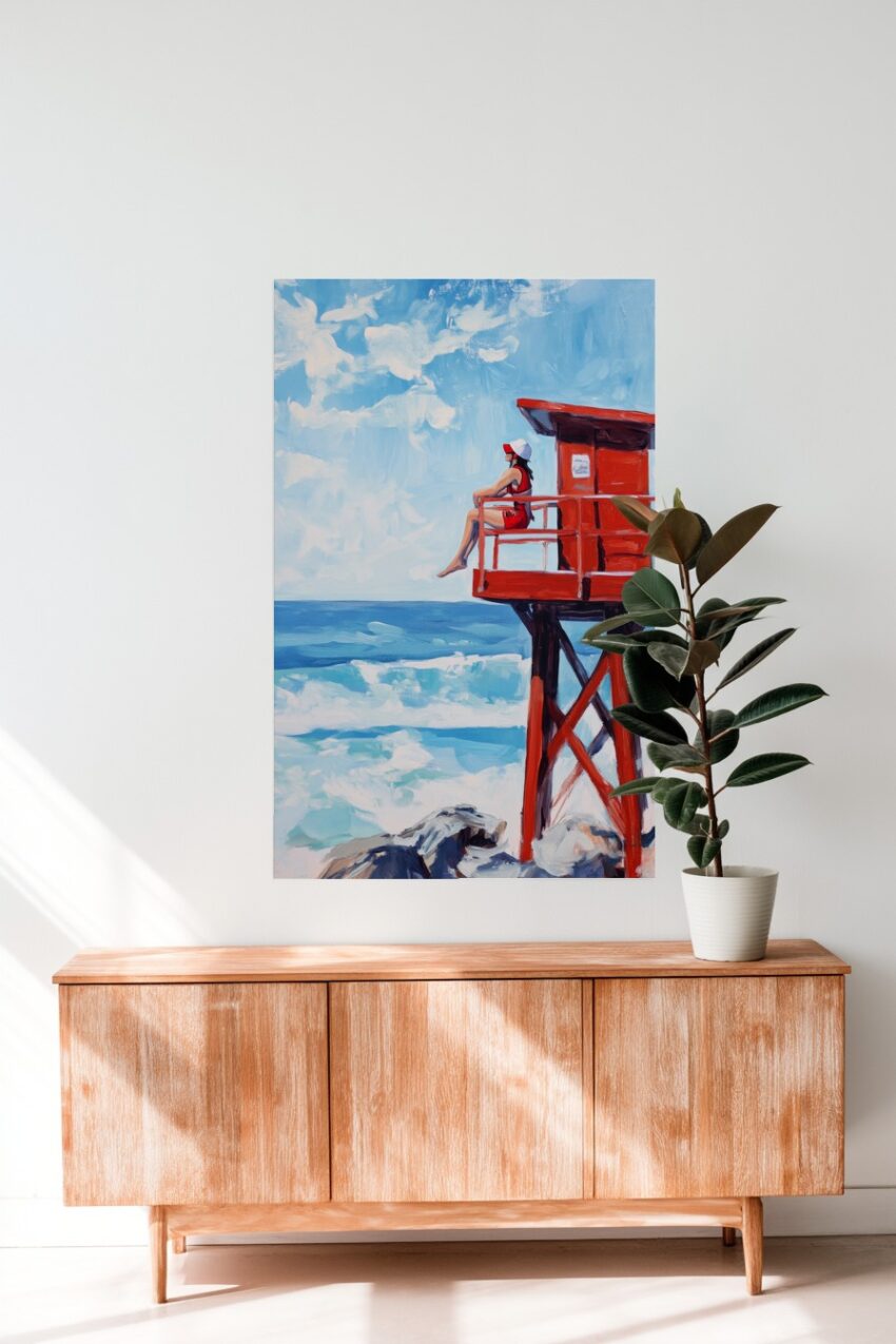 Malerei Poster Frau Rettungsturm rot Meer blau