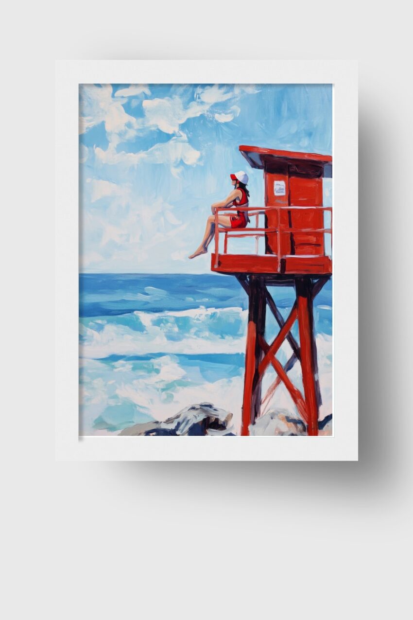Malerei Poster Frau Rettungsturm rot Meer blau