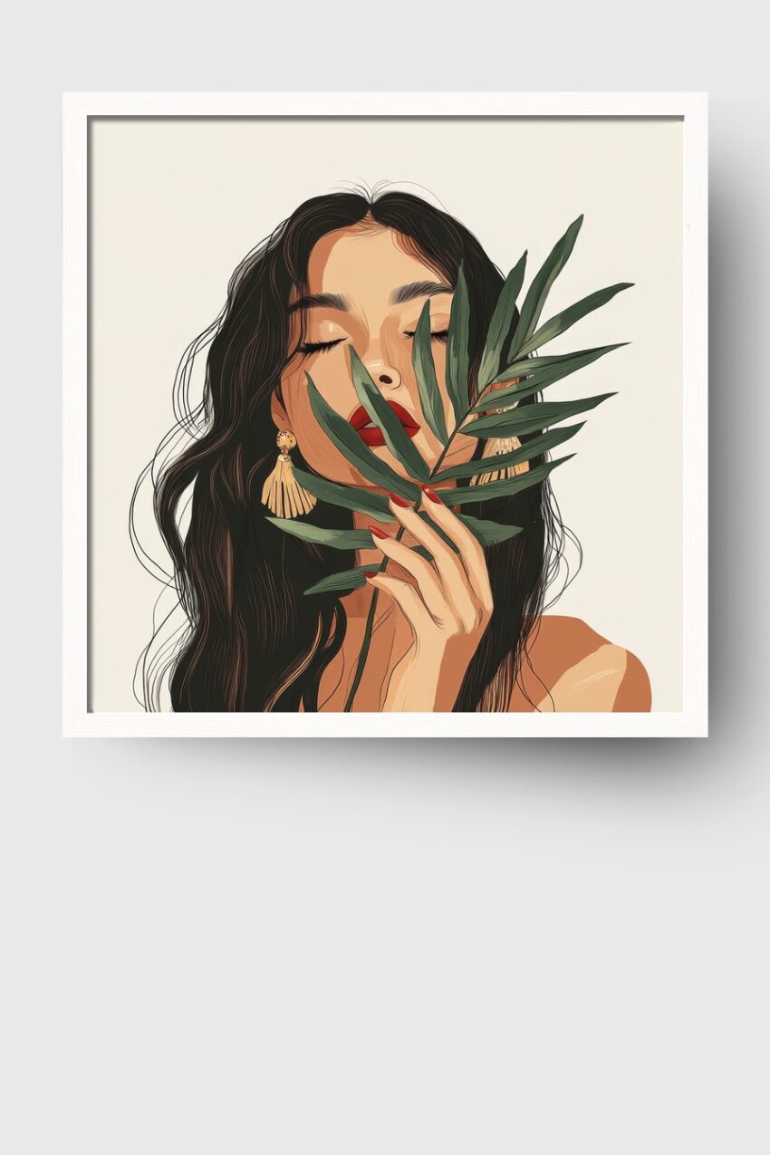 Illustration Poster Frau Palmzweig rote Lippen grün