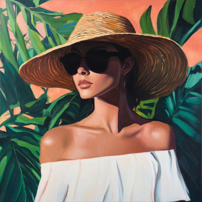 Malerei Poster Frau Sonnenhut Sonnenbrille grün