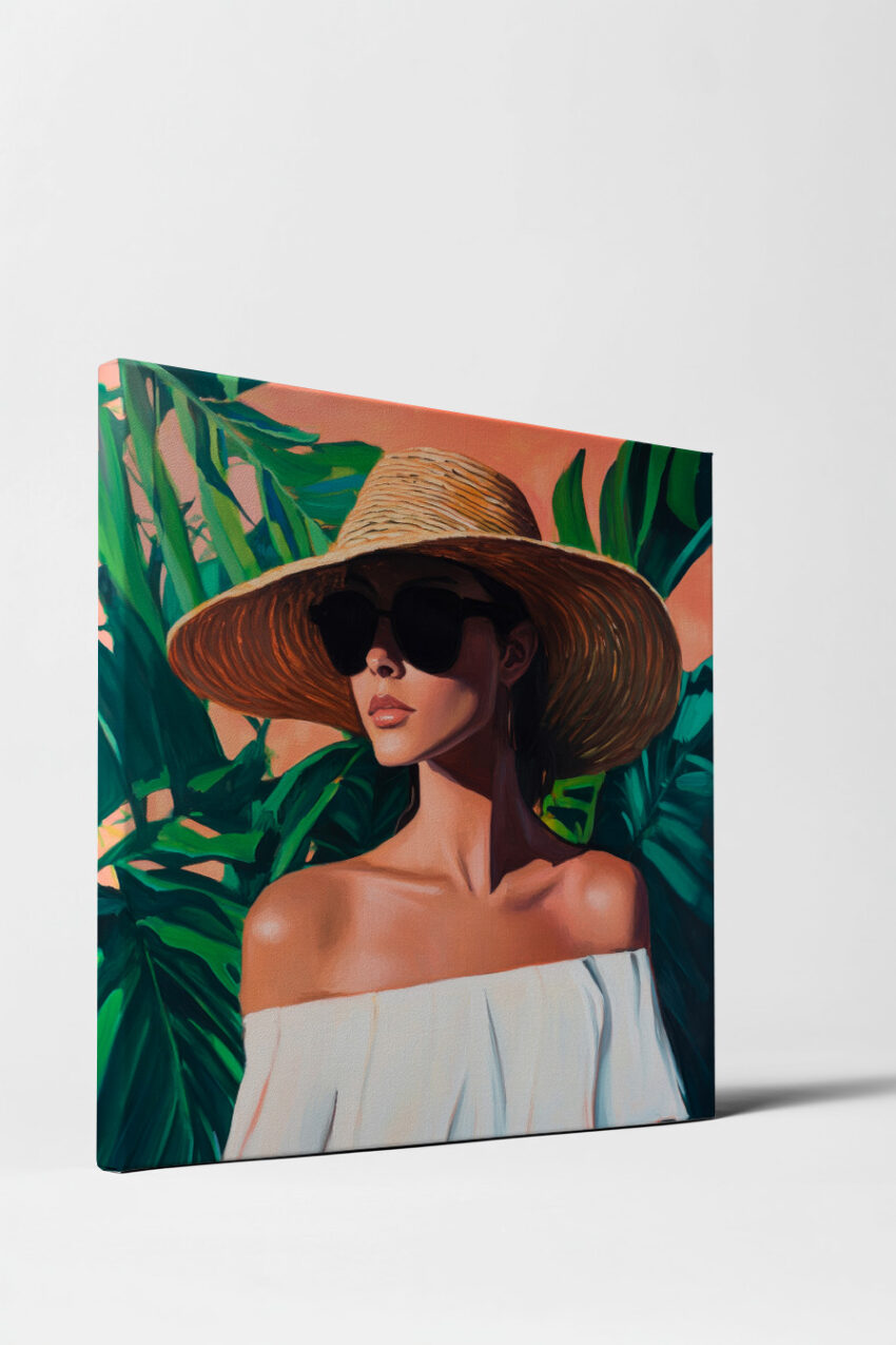 Malerei Poster Frau Sonnenhut Sonnenbrille grün