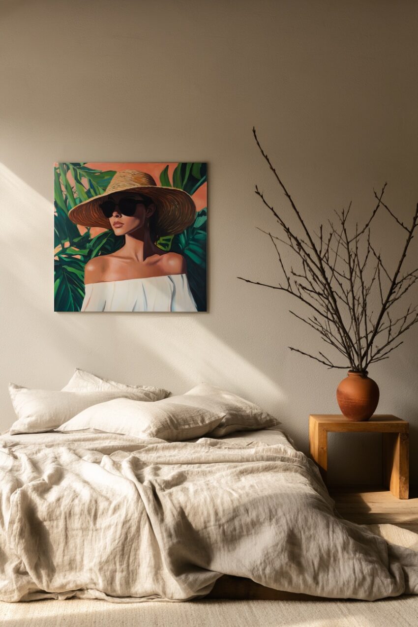 Malerei Poster Frau Sonnenhut Sonnenbrille grün