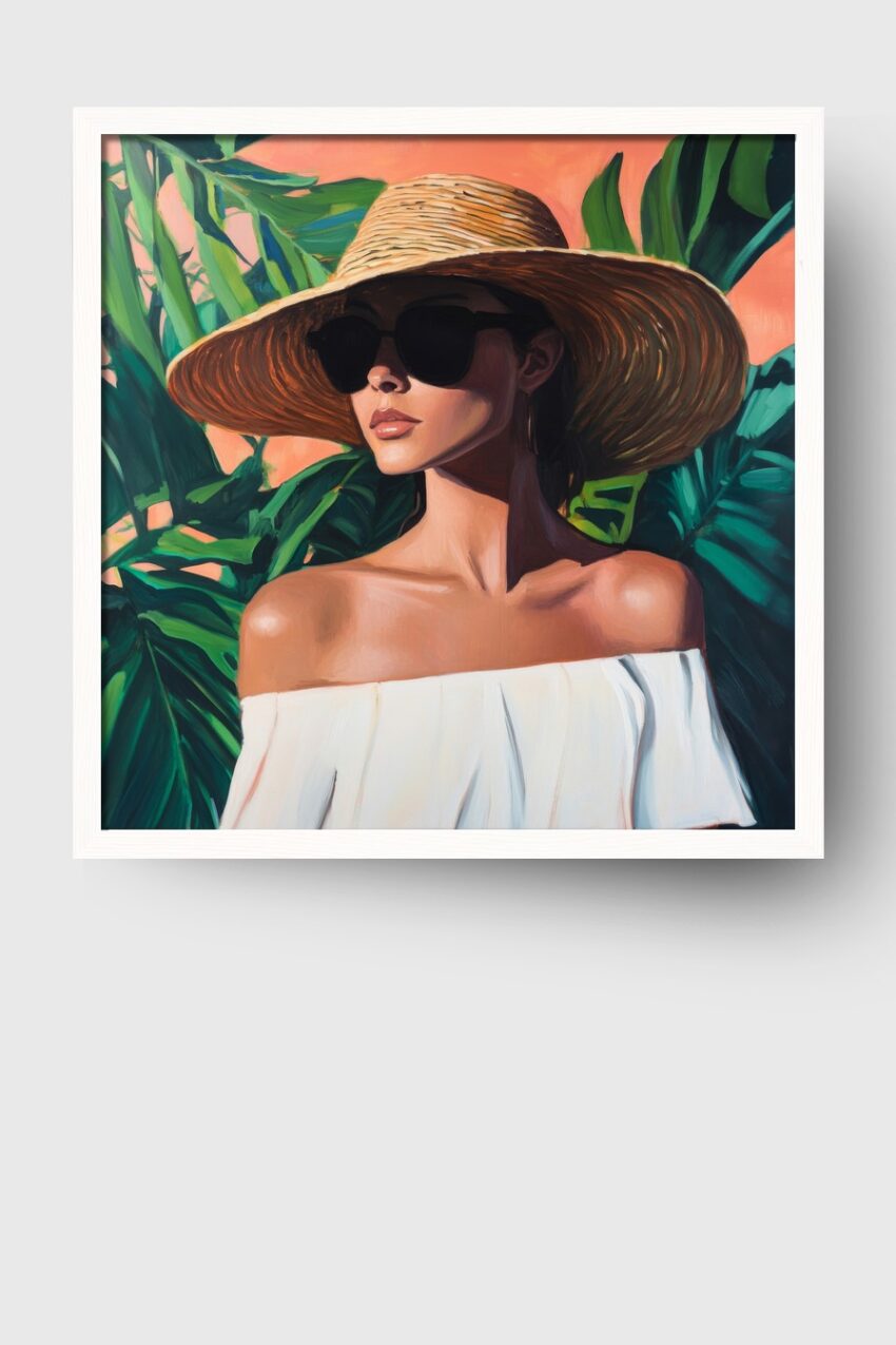 Malerei Poster Frau Sonnenhut Sonnenbrille grün