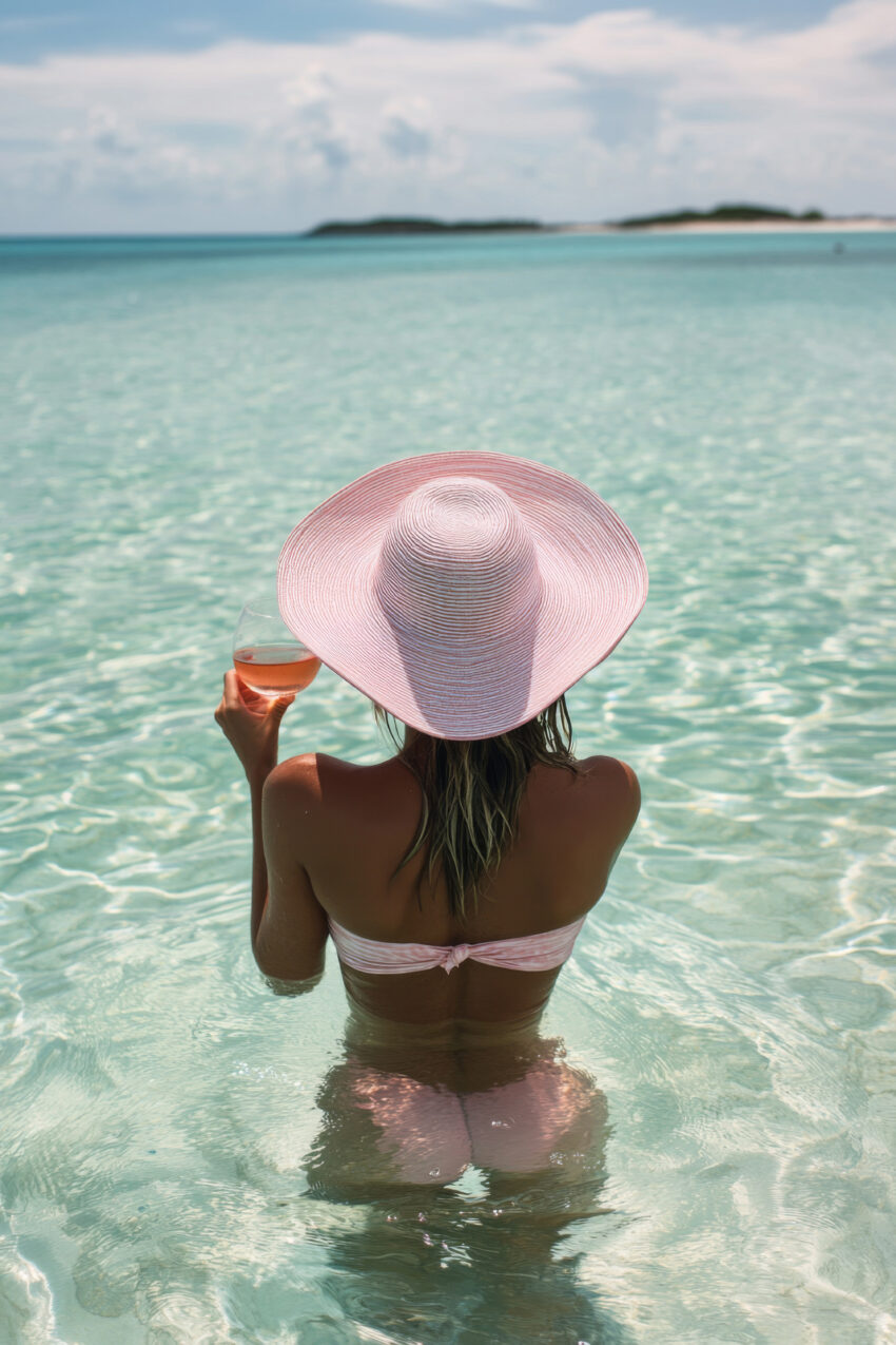 Fotografie Poster Frau Rücken Wasser breit rosa Hut türkis