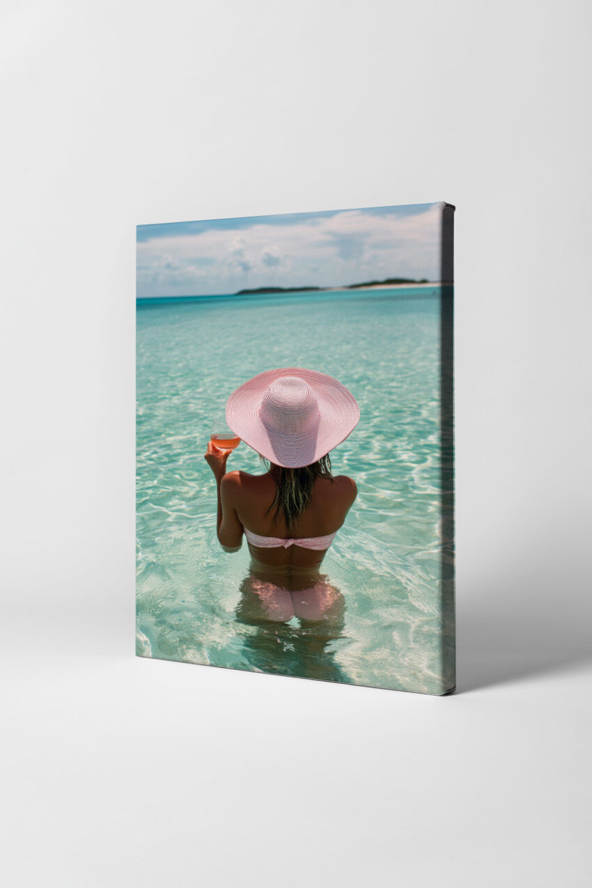 Fotografie Poster Frau Rücken Wasser breit rosa Hut türkis