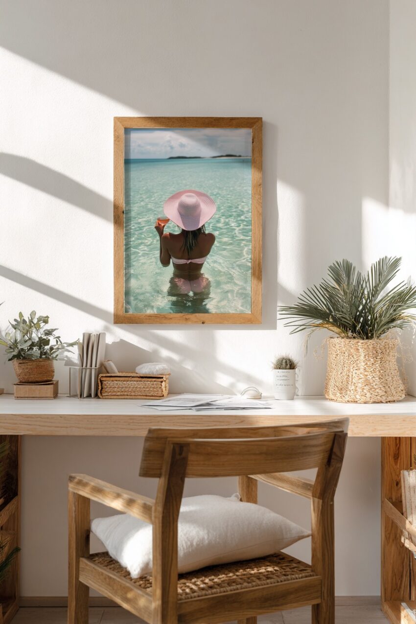 Fotografie Poster Frau Rücken Wasser breit rosa Hut türkis
