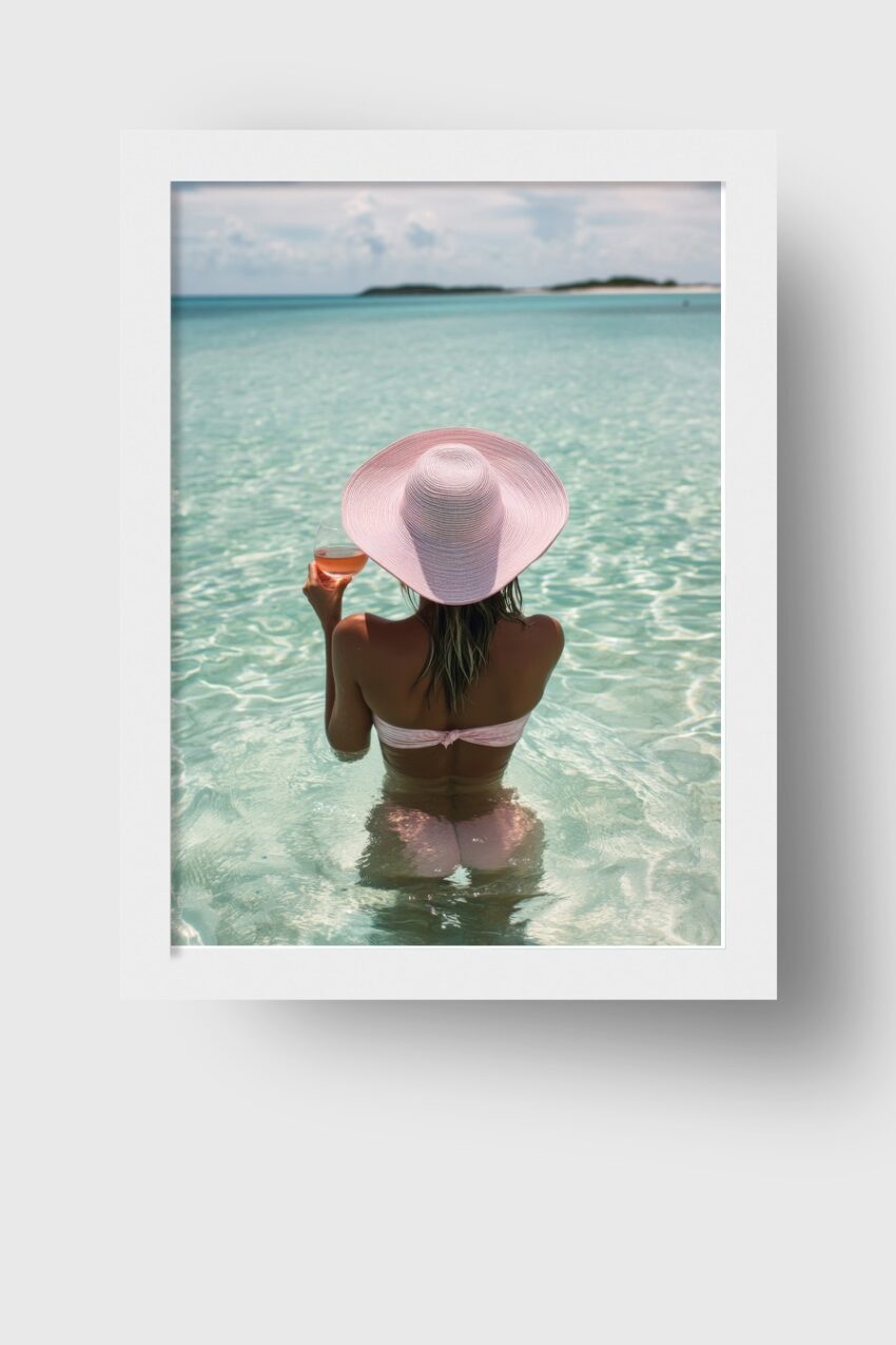 Fotografie Poster Frau Rücken Wasser breit rosa Hut türkis