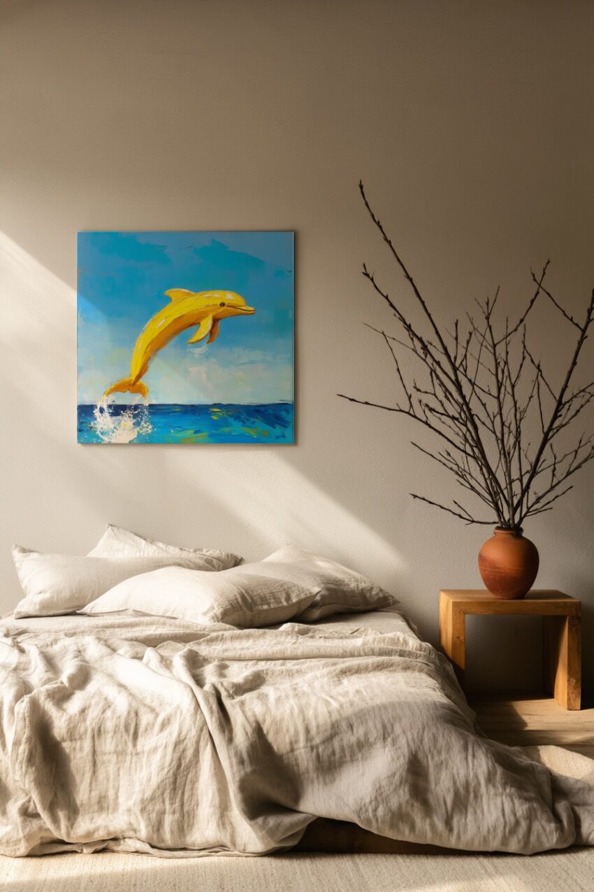 Malerei Poster Delfin gelb Meer blau minimal