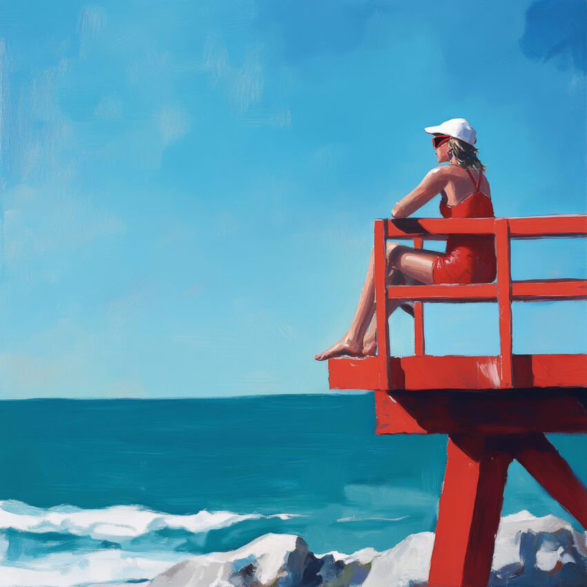 Malerei Poster Frau Rettungsturm rot blau