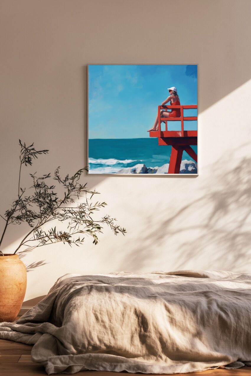 Malerei Poster Frau Rettungsturm rot blau