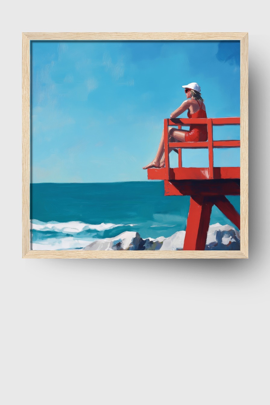 Malerei Poster Frau Rettungsturm rot blau