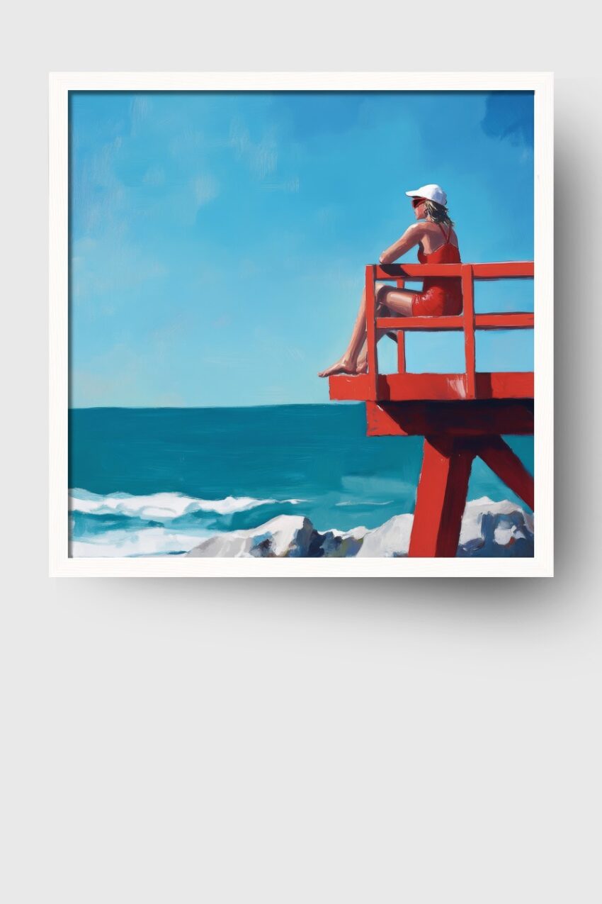 Malerei Poster Frau Rettungsturm rot blau
