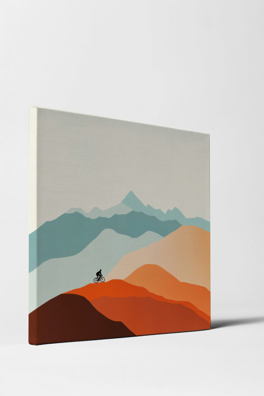 Grafik Poster Fahrradfahrer Berg minimalistisch orange blau