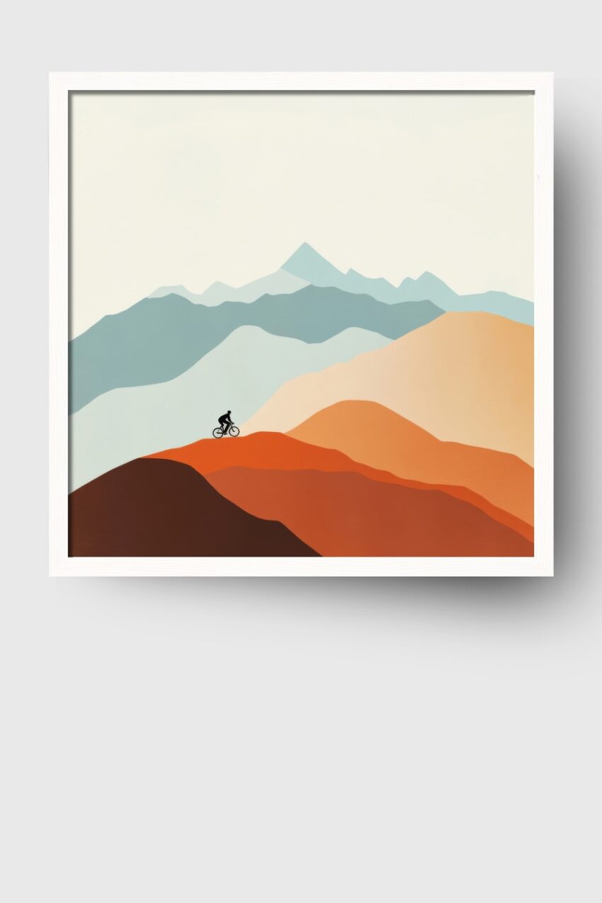 Grafik Poster Fahrradfahrer Berg minimalistisch orange blau