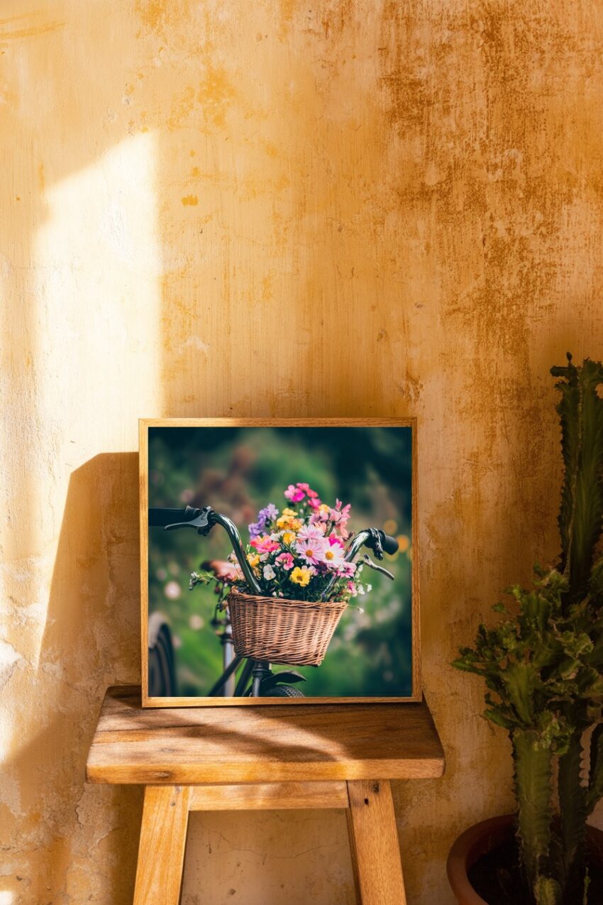 Fotografie Poster Fahrrad bunter Blumenkorb sommerlich
