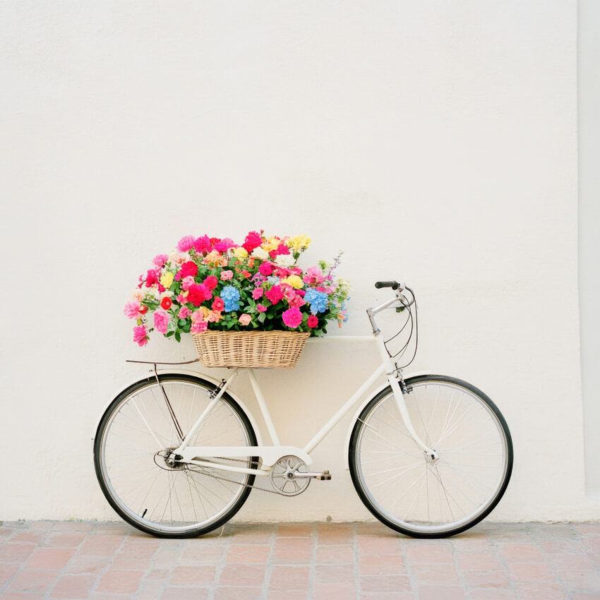 Fotografie Poster Fahrrad Blumenkorb bunt weiß