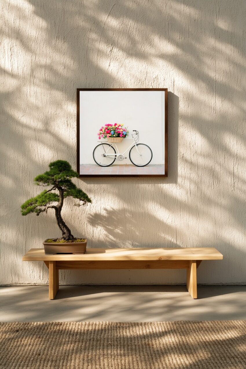 Fotografie Poster Fahrrad Blumenkorb bunt weiß