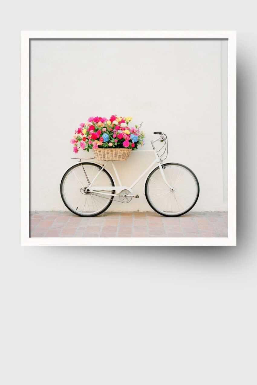 Fotografie Poster Fahrrad Blumenkorb bunt weiß